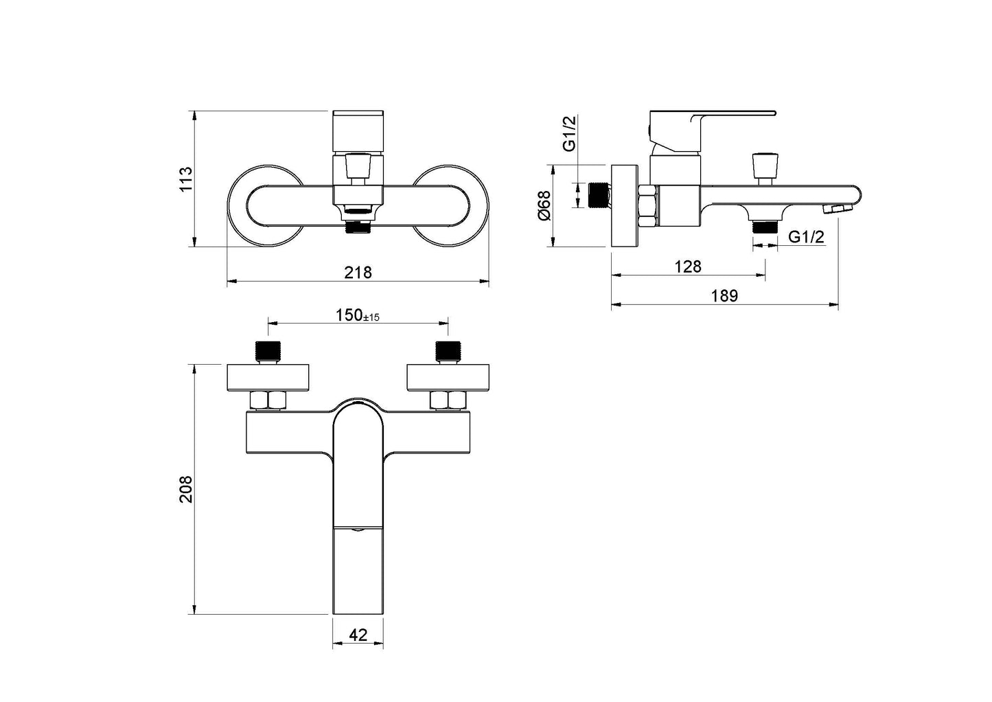AT012200 single-handle bath shower mixer dimension drawing