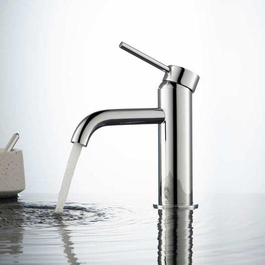Aquavit Circular chrome basin faucet AT090111 demonstrating a controlled water stream