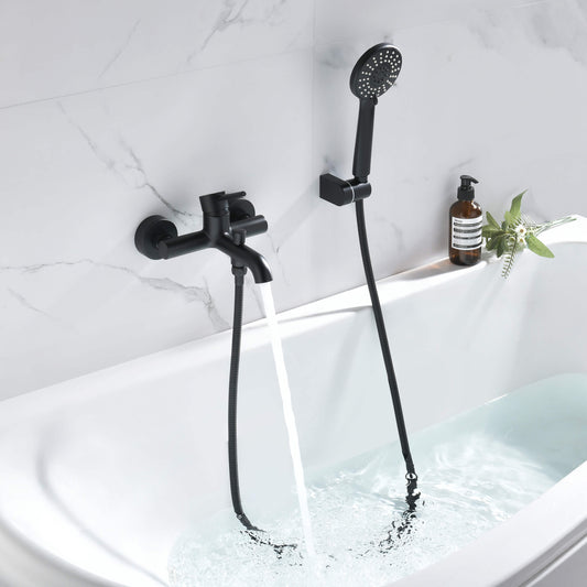 Aquavit AT092202 matte black bath shower mixer set installed above a bathtub