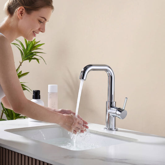 Aquavit Circular chrome basin faucet AT090711 with woman washing hands