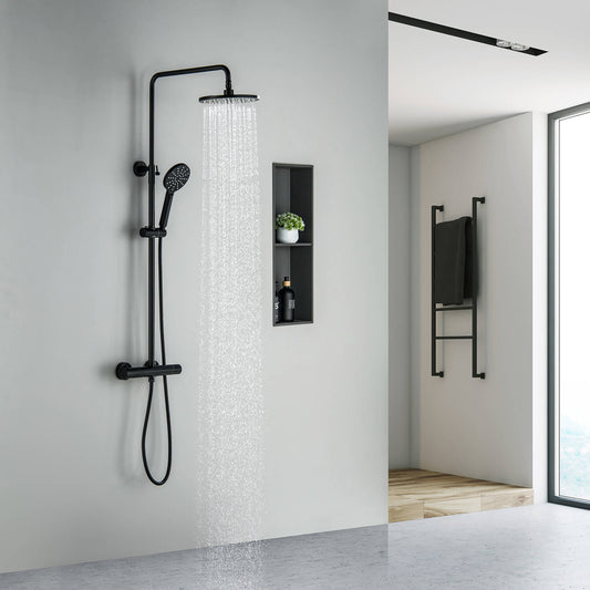 Matte black AT097502 thermostatic shower column installed in a modern bathroom
