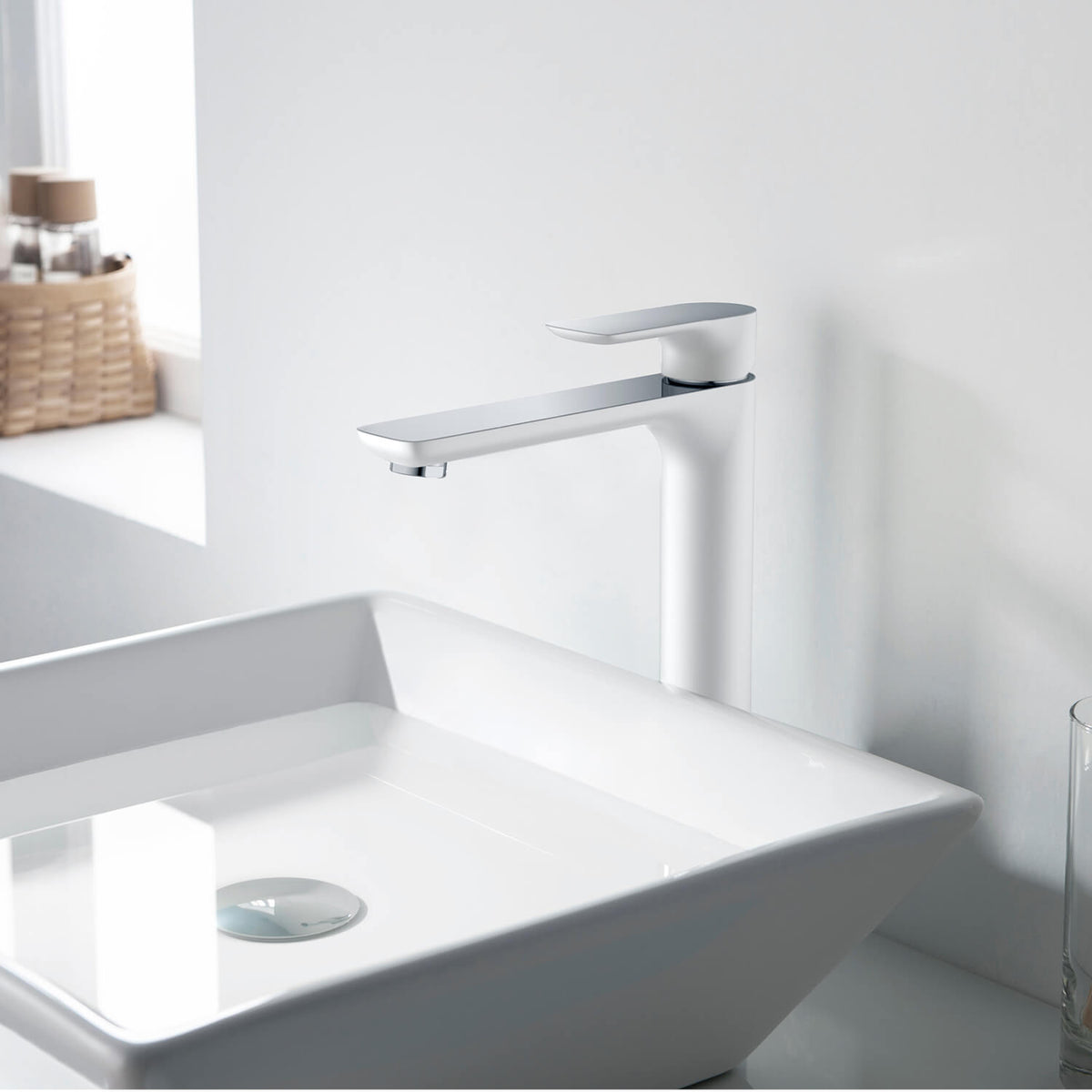 Aquavit Vision chrome and white vessel sink faucet AT250012 installed with a white vessel sink