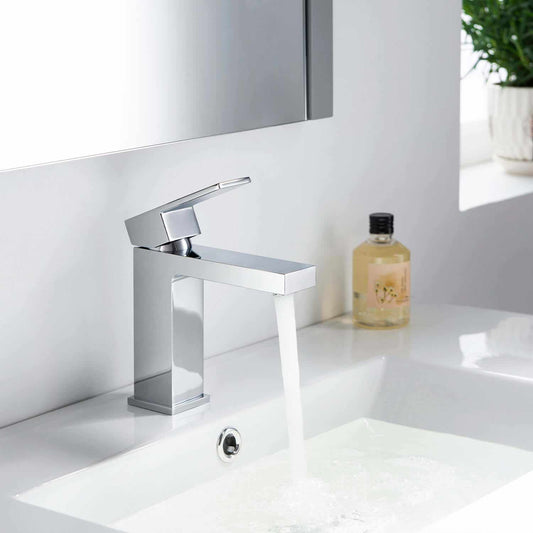 Aquavit Cube chrome basin faucet AT080011 installed on a white bathroom sink