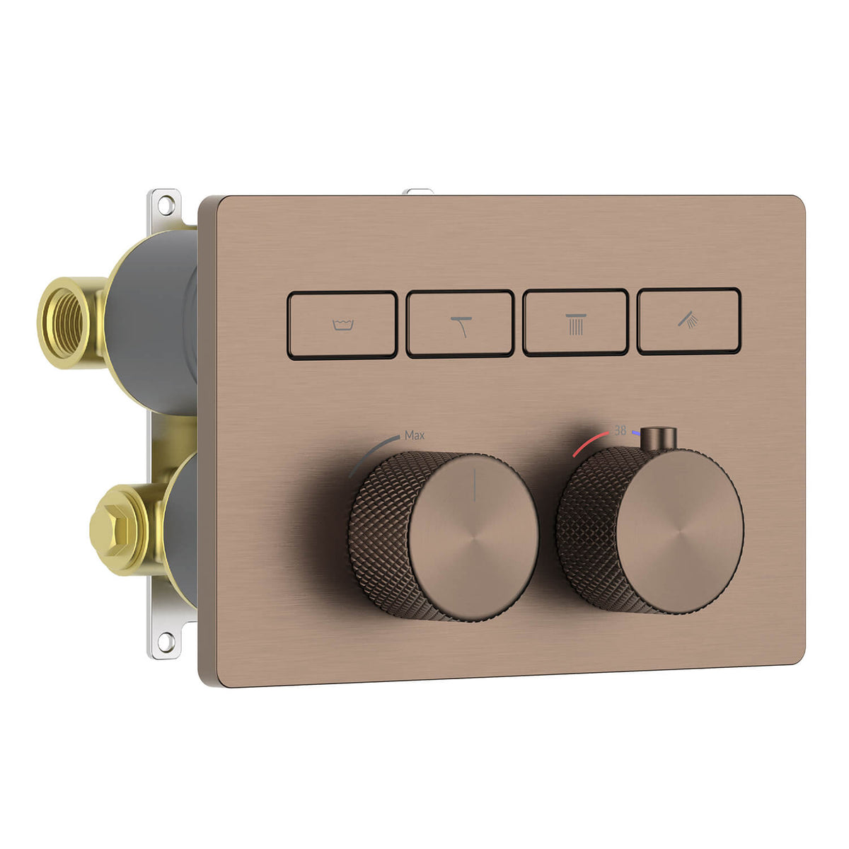 Aquavit VT08B6401 brushed bronze four-outlet concealed thermostatic shower mixer with push-button diverters