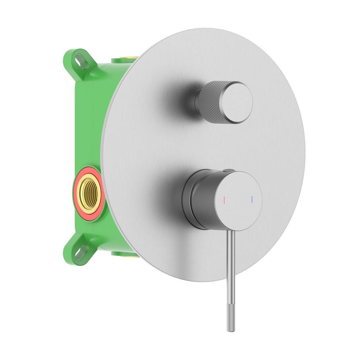 Aquavit Circular X brushed nickel two-outlet concealed shower mixer with knurled brass handles VT1022201