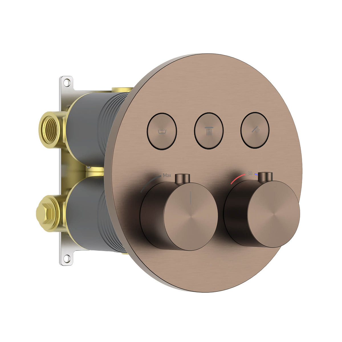 Aquavit VT10B5301 brushed Bronze round three-outlet concealed thermostatic shower mixer with knurled handles