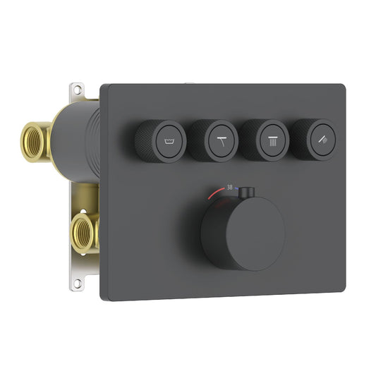 Aquavit matte black four-outlet concealed thermostatic shower mixer with push-button volume controls VT12C5401
