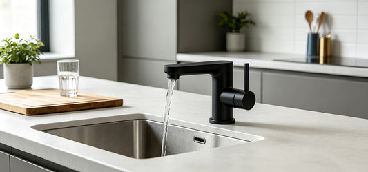 Newly installed deck-mounted faucet after flushing and leak testing