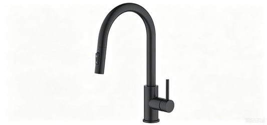Pull-down kitchen faucet installed over a modern kitchen sink.