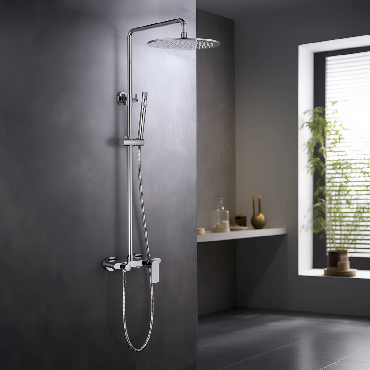Aquavit Blaze chrome shower column with rainfall shower against a dark bathroom wall AT016301