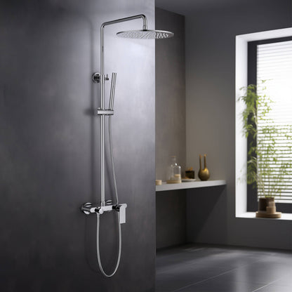 Aquavit Blaze chrome shower column with rainfall shower against a dark bathroom wall AT016301