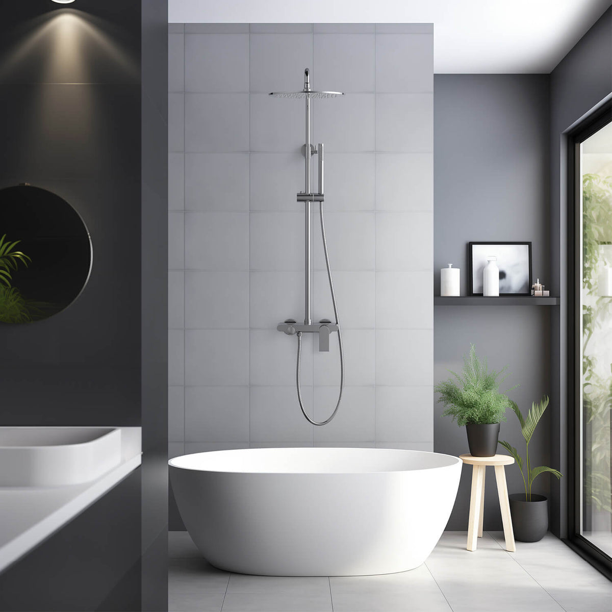 Aquavit Blaze chrome three-outlet shower column installed beside a freestanding bathtub AT016301