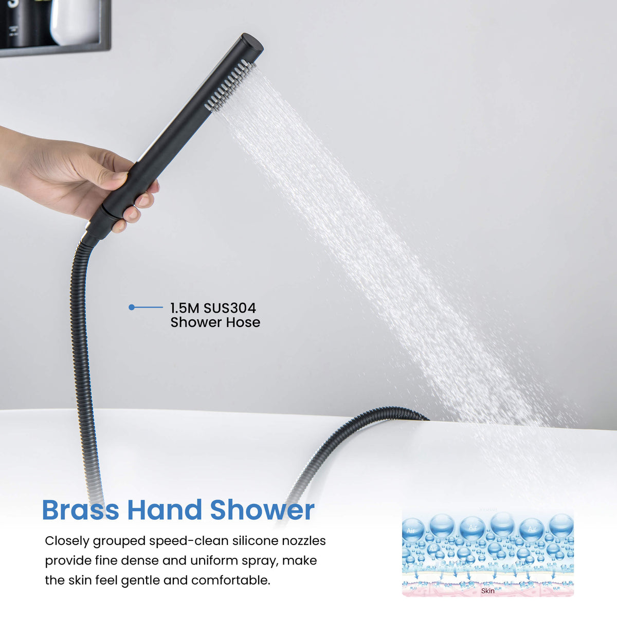 Aquavit Blaze brass hand shower with 1.5 m SUS304 hose in use AT016301