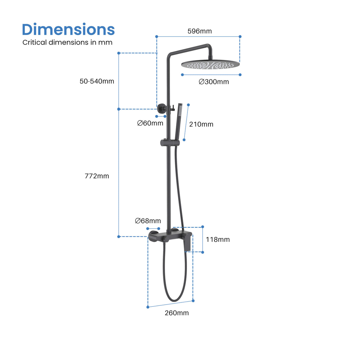 Aquavit Blaze AT016301 shower column dimensions and installation drawing