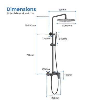 Aquavit Blaze AT016301 shower column dimensions and installation drawing