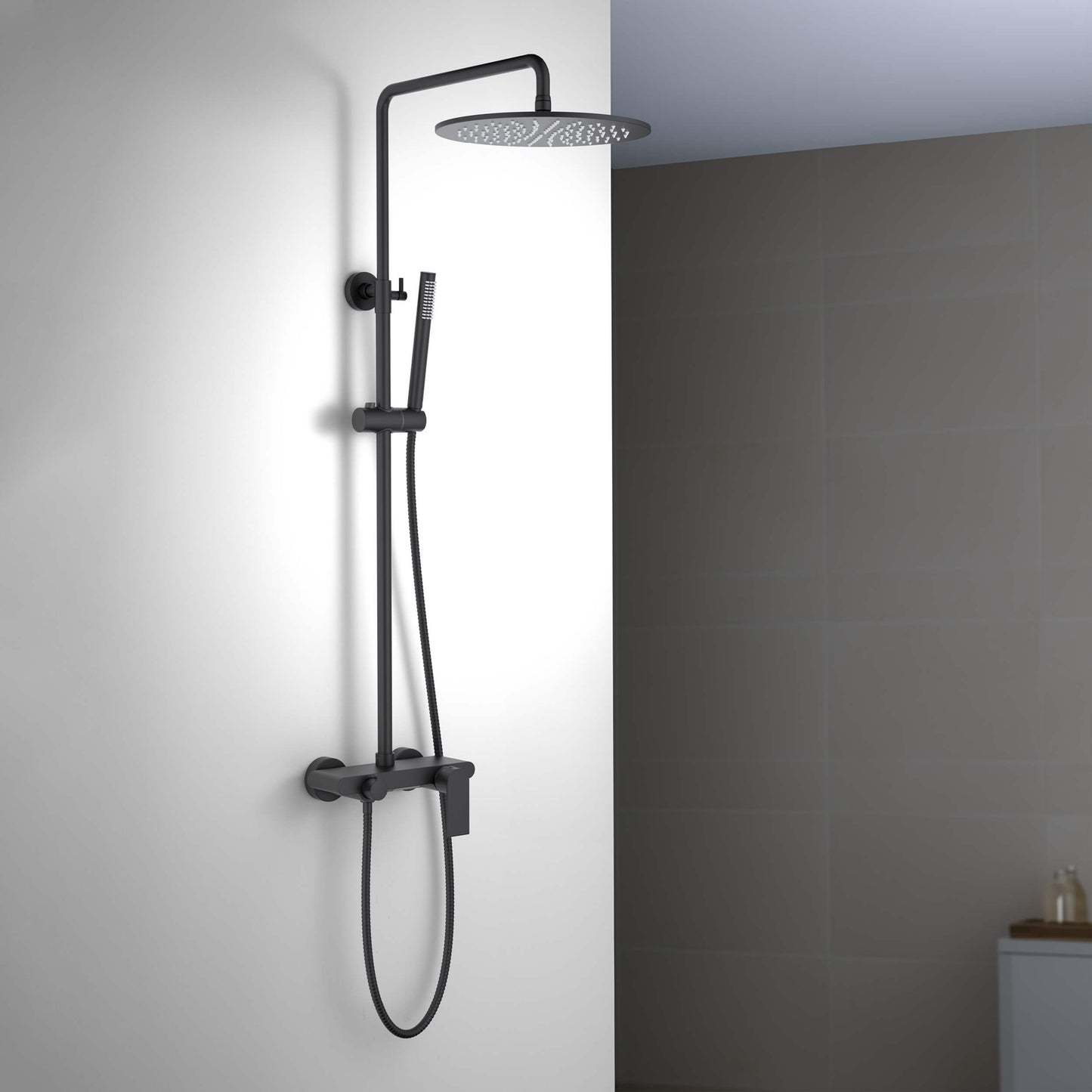 Aquavit Blaze matte black shower column with overhead rainfall shower in a modern bathroom AT016301