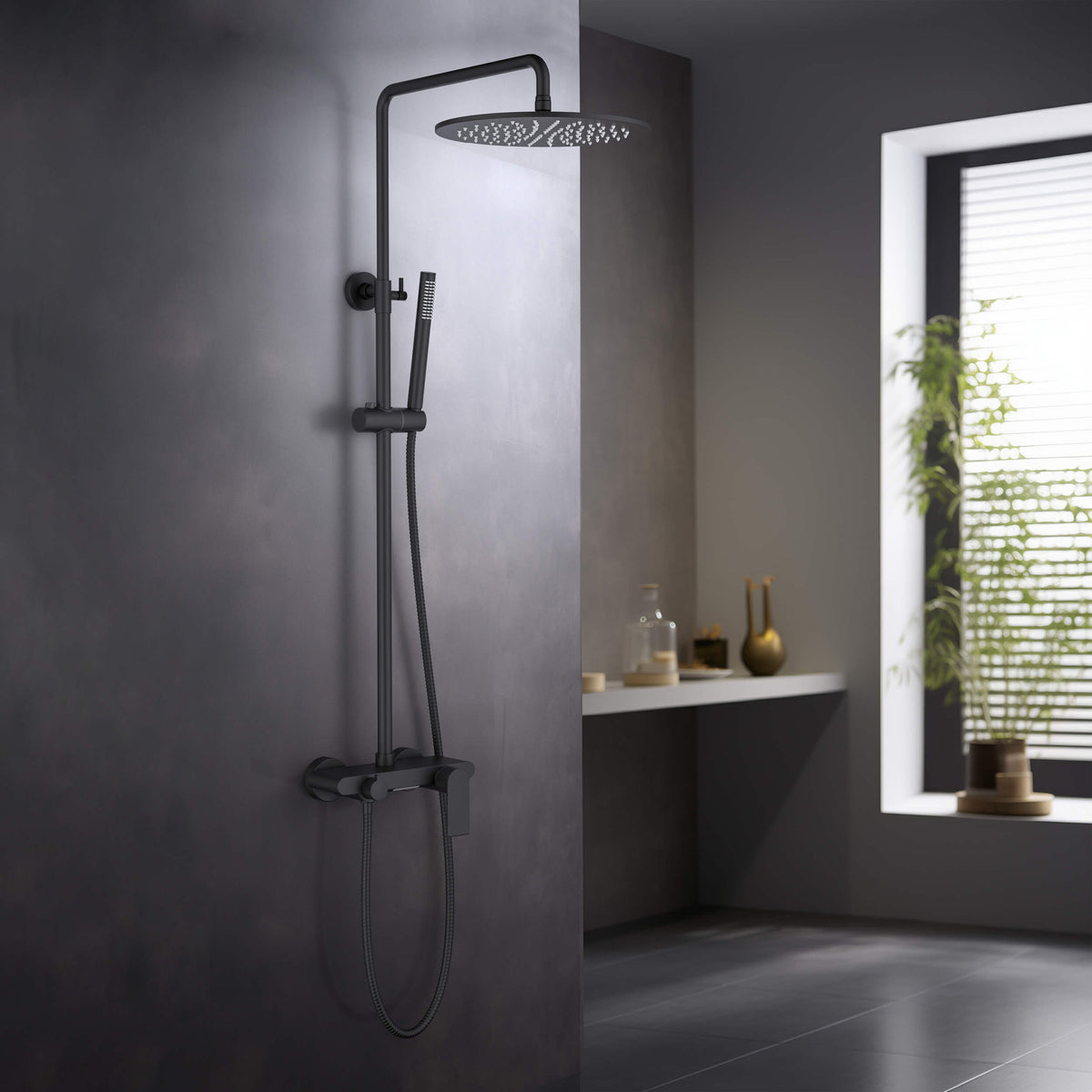 Aquavit Blaze matte black shower column with rainfall shower against a dark bathroom wall AT016301