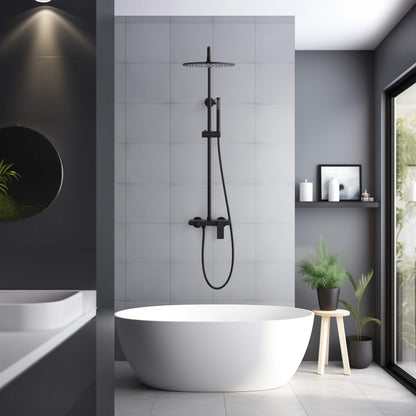 Aquavit Blaze matte black three-outlet shower column installed beside a freestanding bathtub AT016301