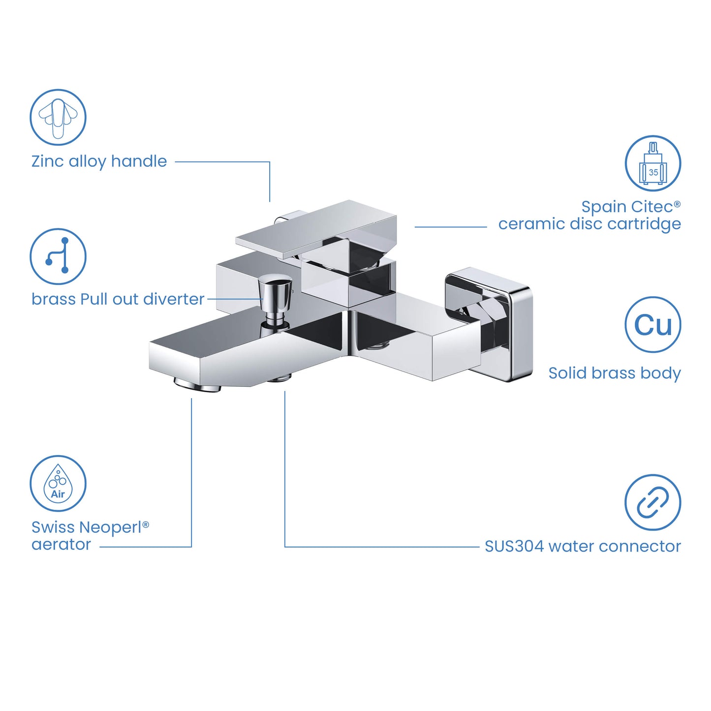 Cube bath shower mixer with solid brass body, CITEC cartridge, Neoperl aerator and brass diverter AT082200