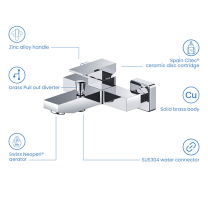 Cube bath shower mixer with solid brass body, CITEC cartridge, Neoperl aerator and brass diverter AT082200