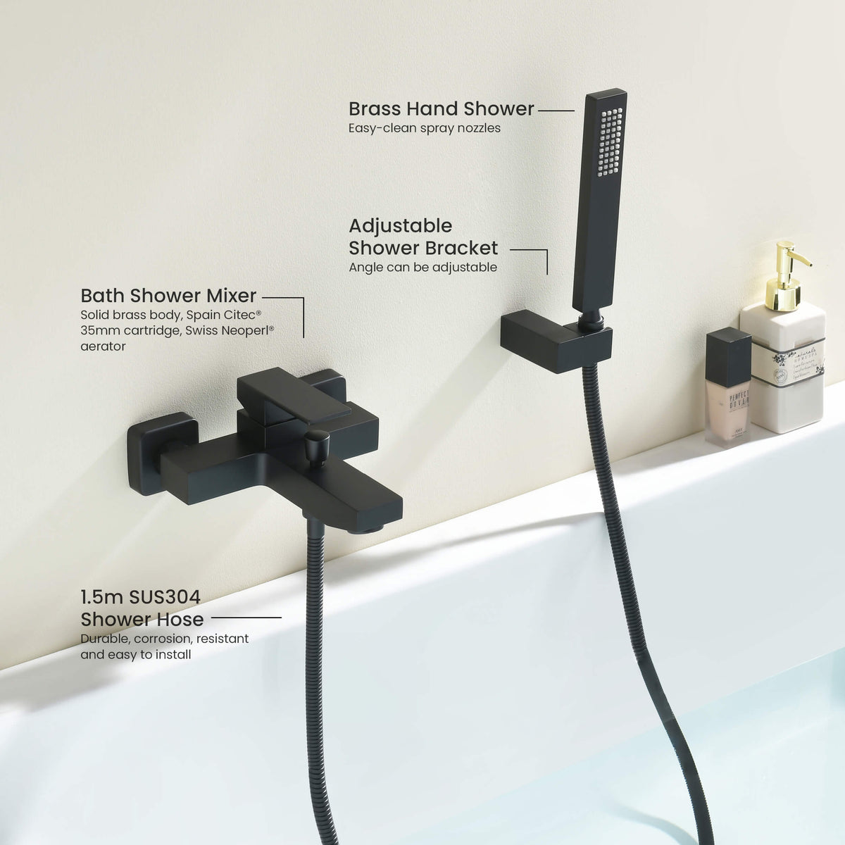 Cube matte black bath shower mixer set with brass hand shower, swivel holder and SUS304 hose AT082202