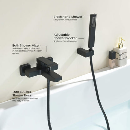 Cube matte black bath shower mixer set with brass hand shower, swivel holder and SUS304 hose AT082202