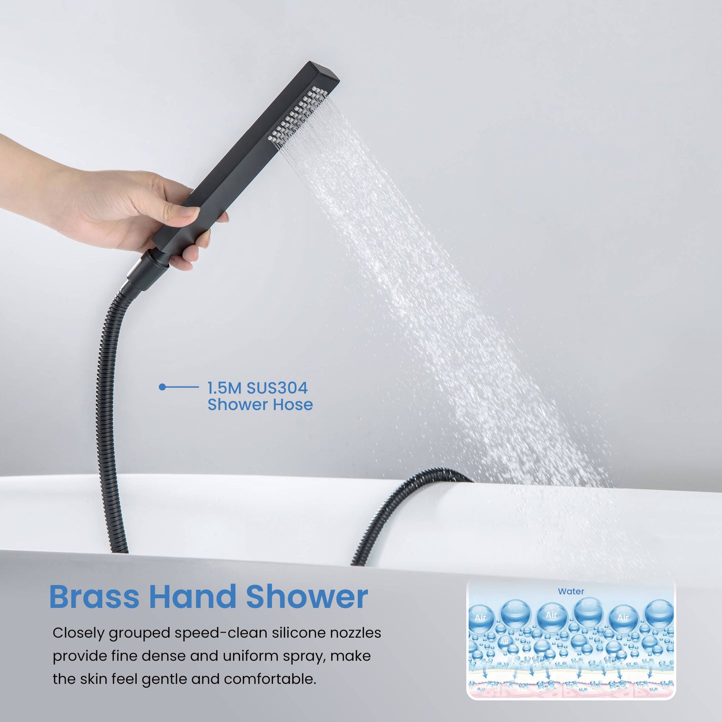 Matte black 1-function brass hand shower with 1.5 m SUS304 shower hose AT082202