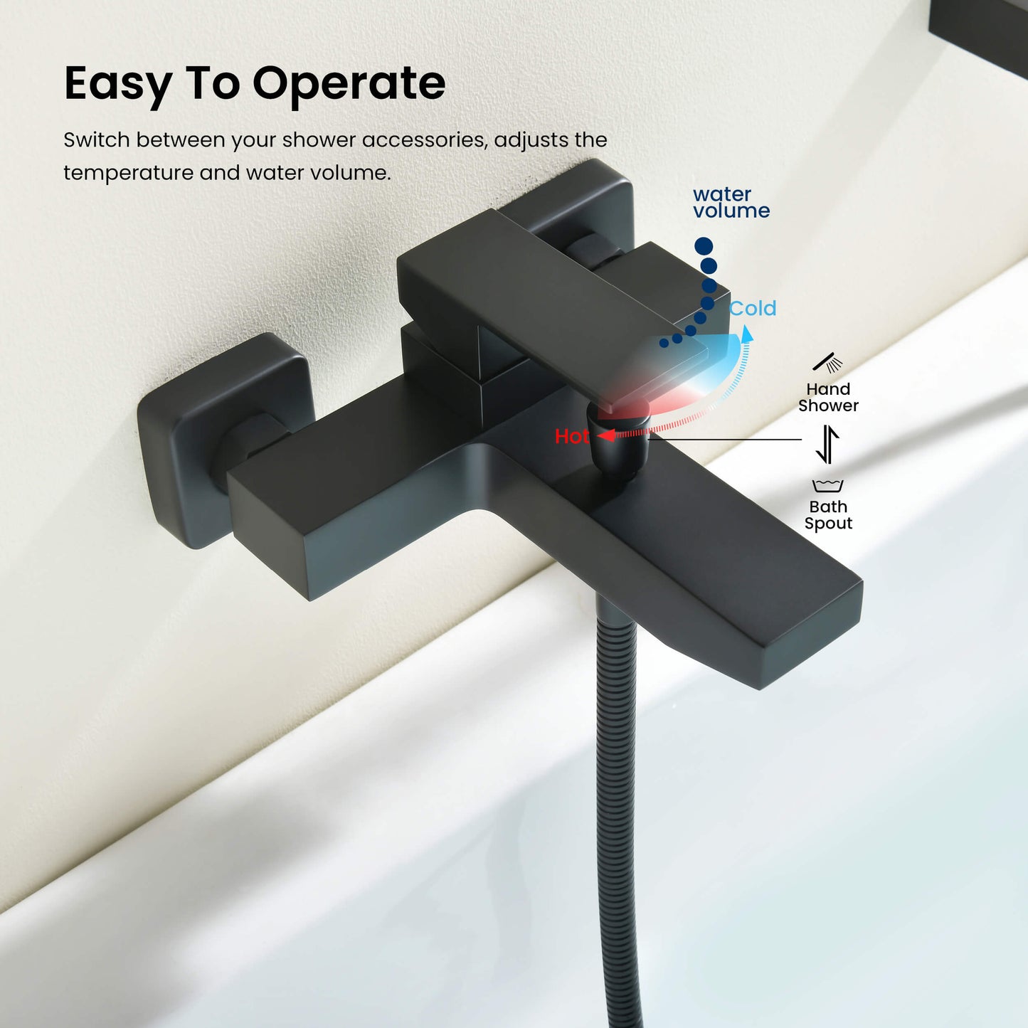 Cube matte black bath shower mixer with single-lever temperature and flow control AT082202