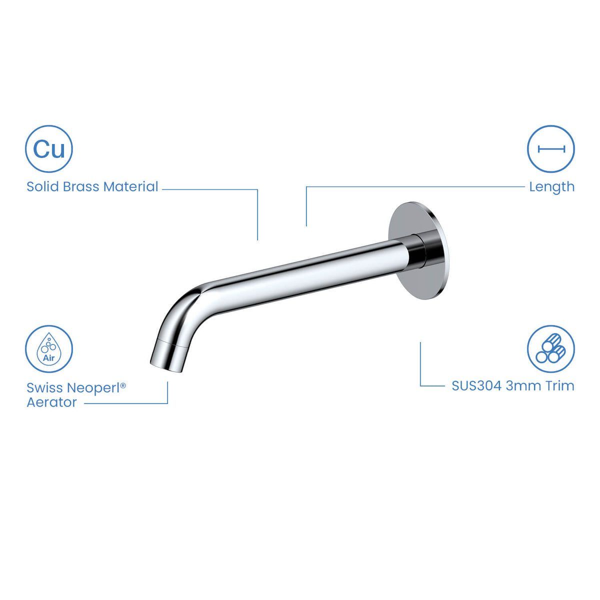Aquavit Circular solid brass bath spout with Swiss Neoperl aerator and SUS304 trim plate