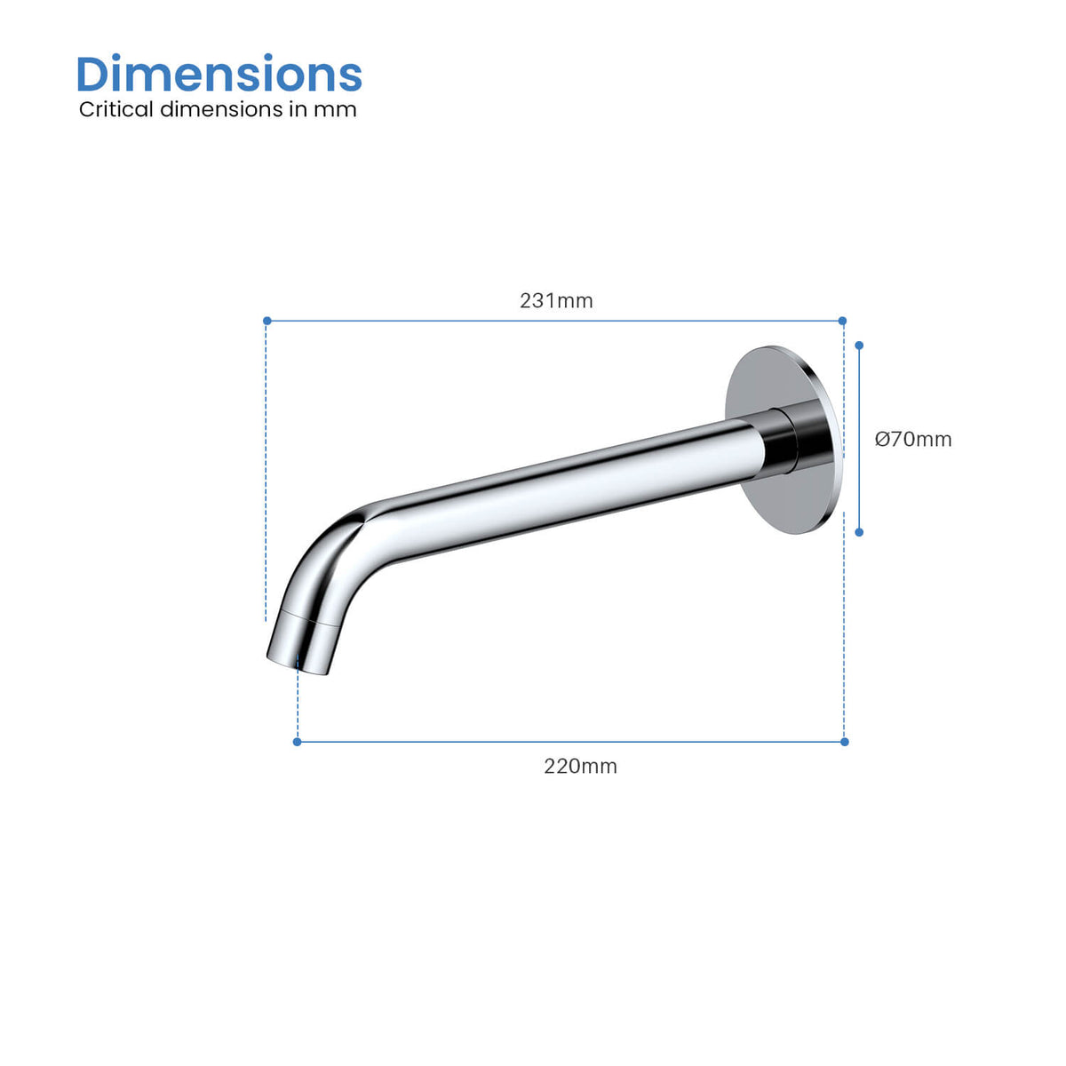 Aquavit Circular AT090055 bath spout dimensions with 220 mm reach and Ø70 mm wall plate