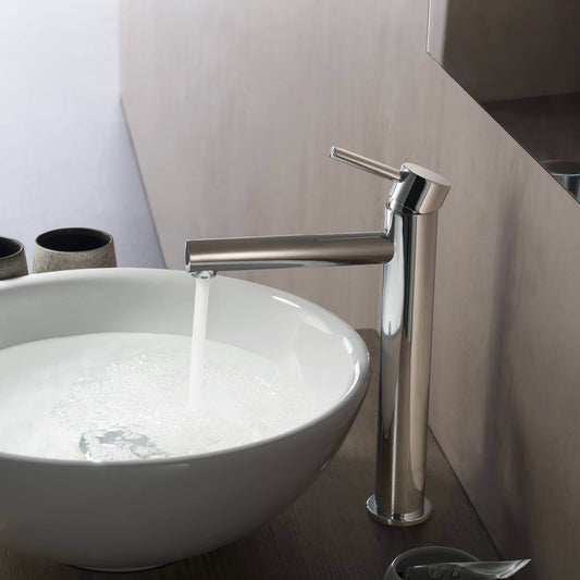 Aquavit Circular AT090212 chrome vessel sink faucet installed beside a round countertop sink