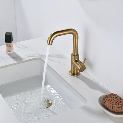 Aquavit Circular brushed brass basin faucet AT090711 installed with running water