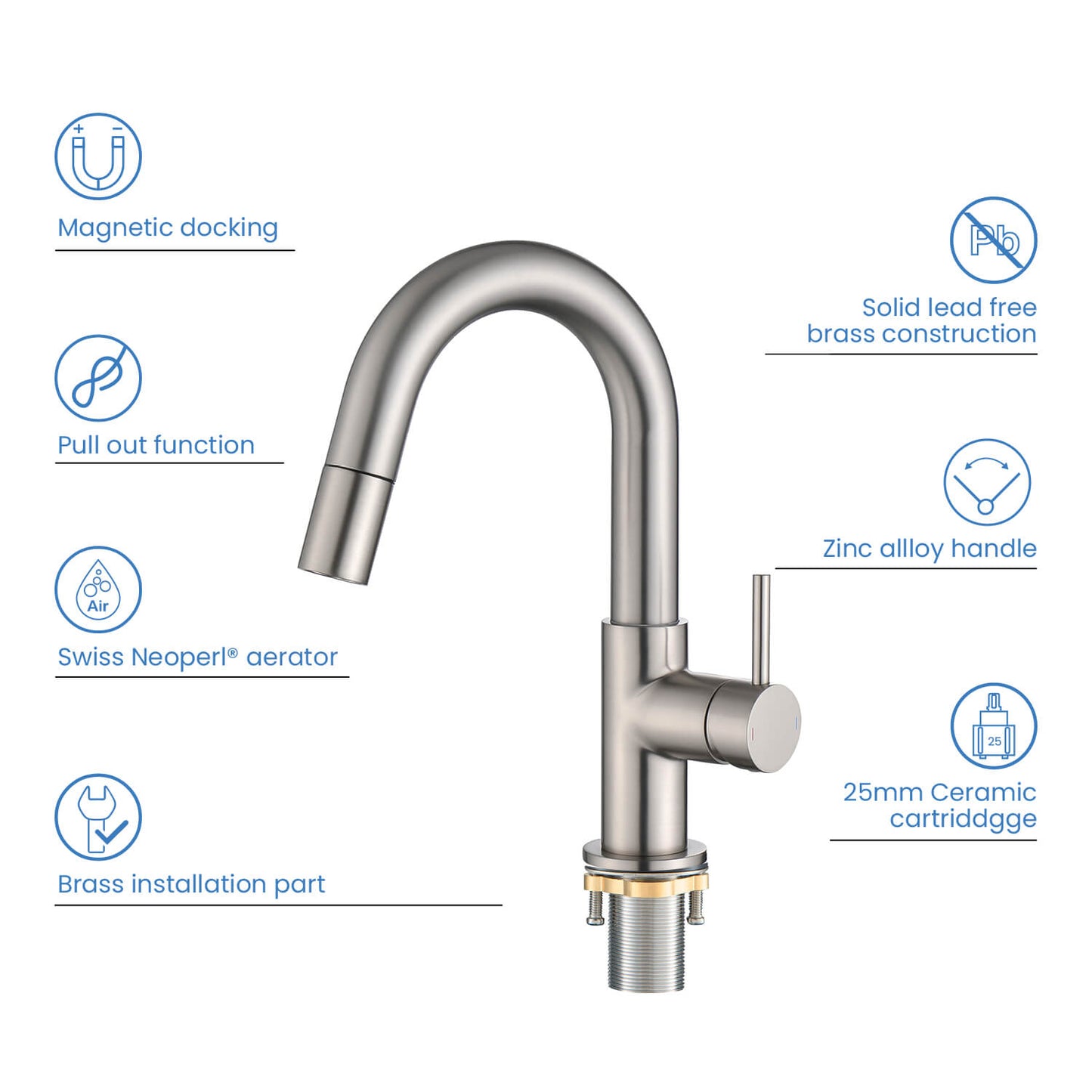 Aquavit Circular Series Pull Out Bathroom Faucet Magnetic Docking Lead Free Brass AT090811