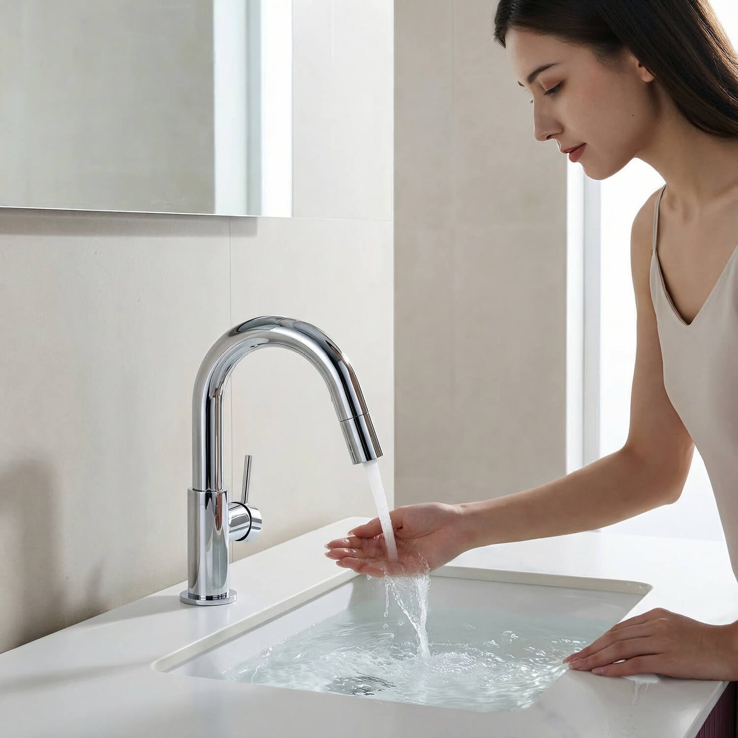 Aquavit Circular Series Pull Out Bathroom Faucet Magnetic Docking Lead Free Brass AT090811