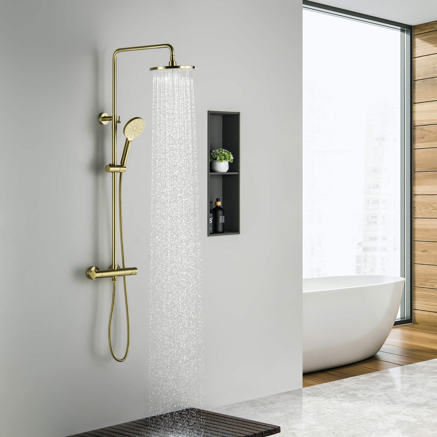 Brushed gold AT097502 thermostatic shower column installed in a bathroom