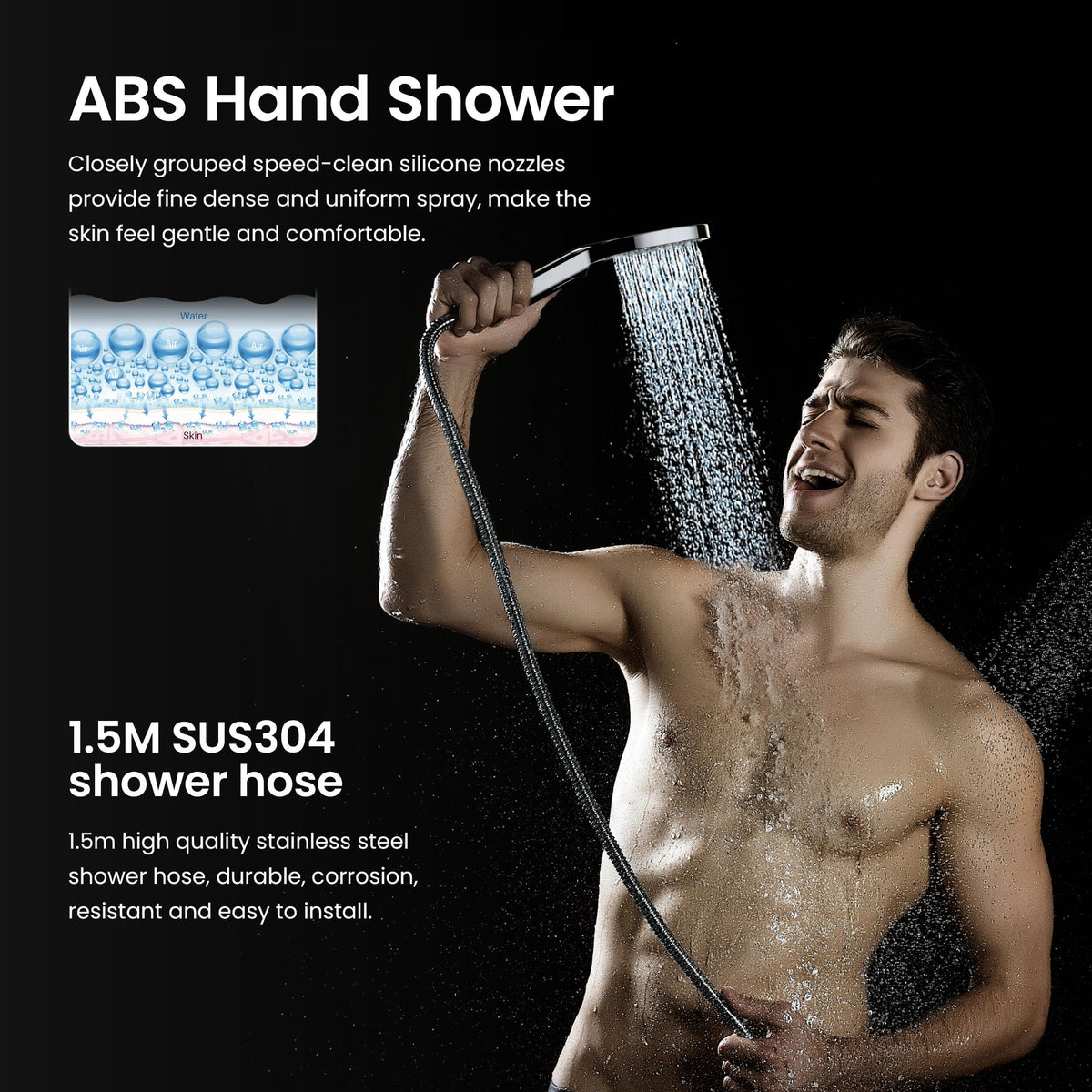 AT097502 three-function ABS hand shower and 1.5 m SUS304 hose