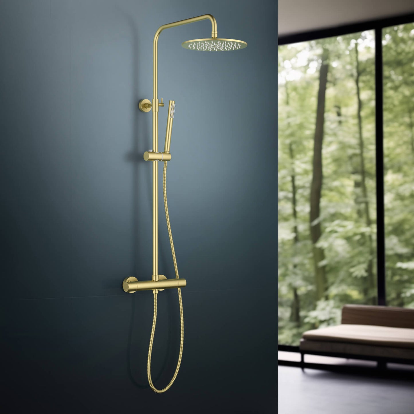 Aquavit Circular brushed gold two-outlet shower column in a modern bathroom