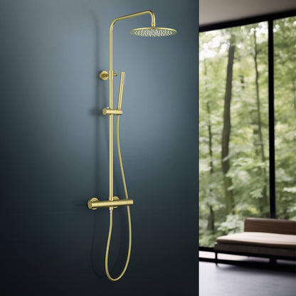 Aquavit Circular brushed gold two-outlet shower column in a modern bathroom