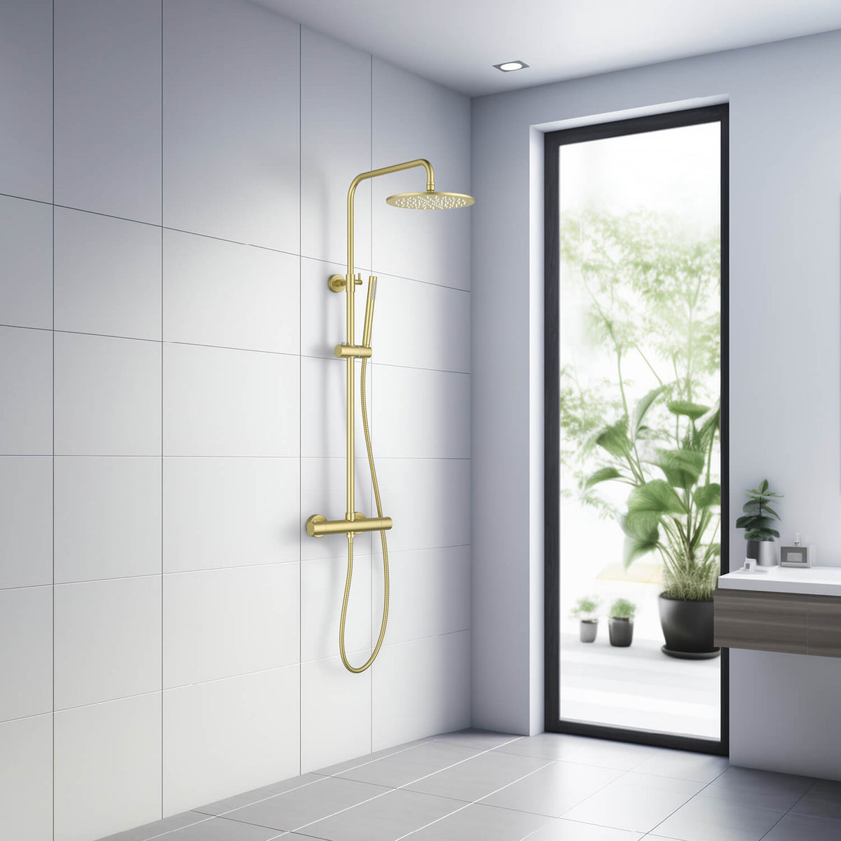 Aquavit Circular brushed gold shower column installed in a bright modern bathroom