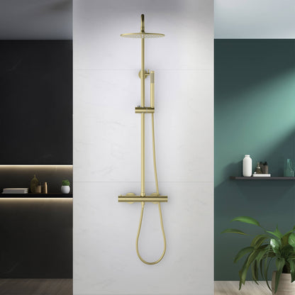 Aquavit AT097503 brushed gold thermostatic shower column in a contemporary tiled shower area