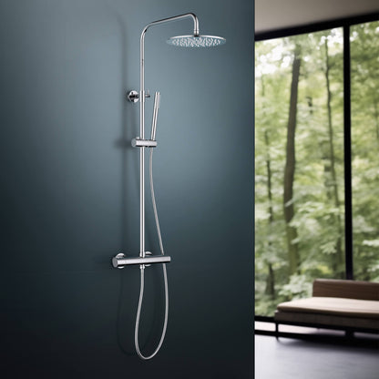 Aquavit AT097503 chrome thermostatic shower column installed in a modern grey bathroom