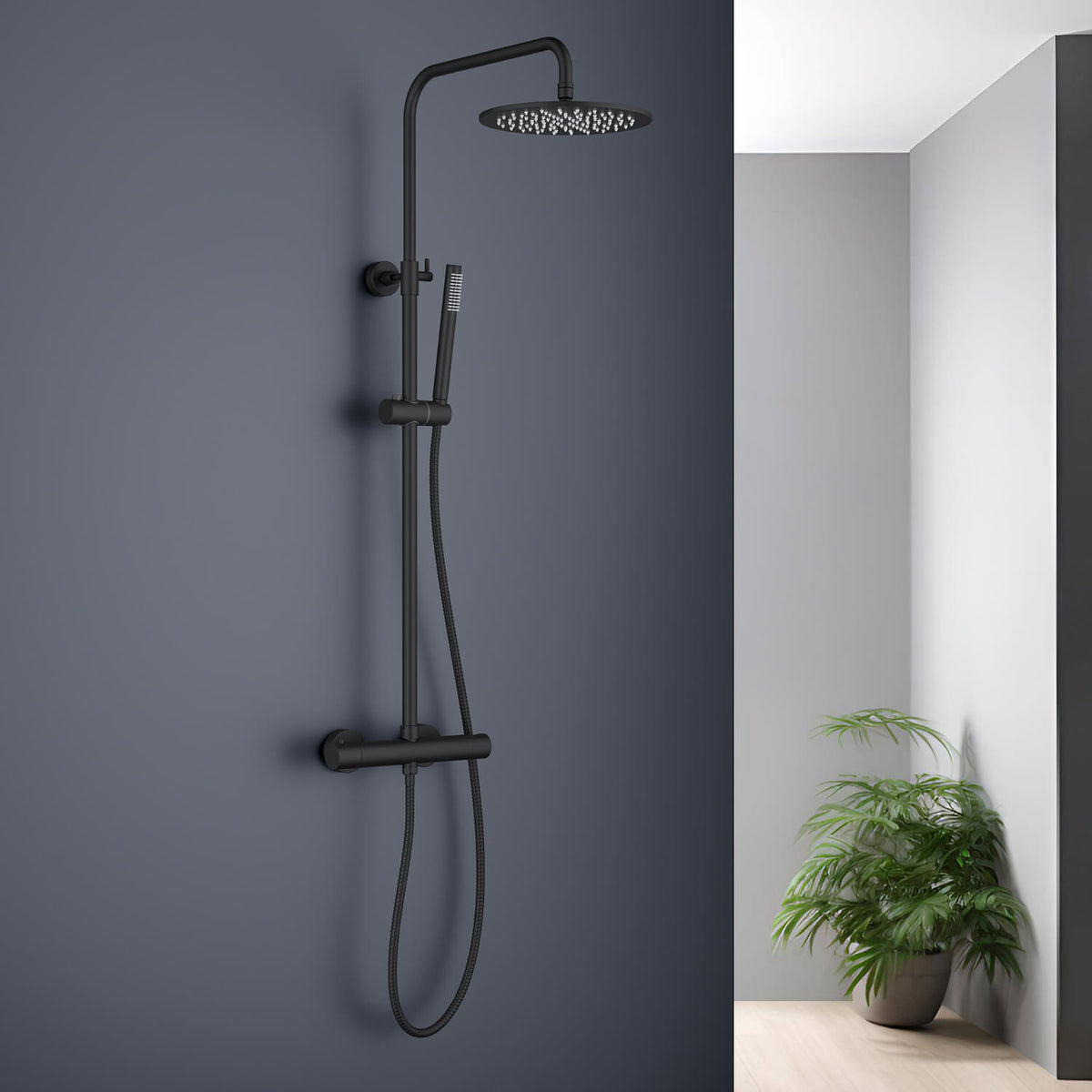 Aquavit AT097503 matte black thermostatic shower column installed in a modern bathroom