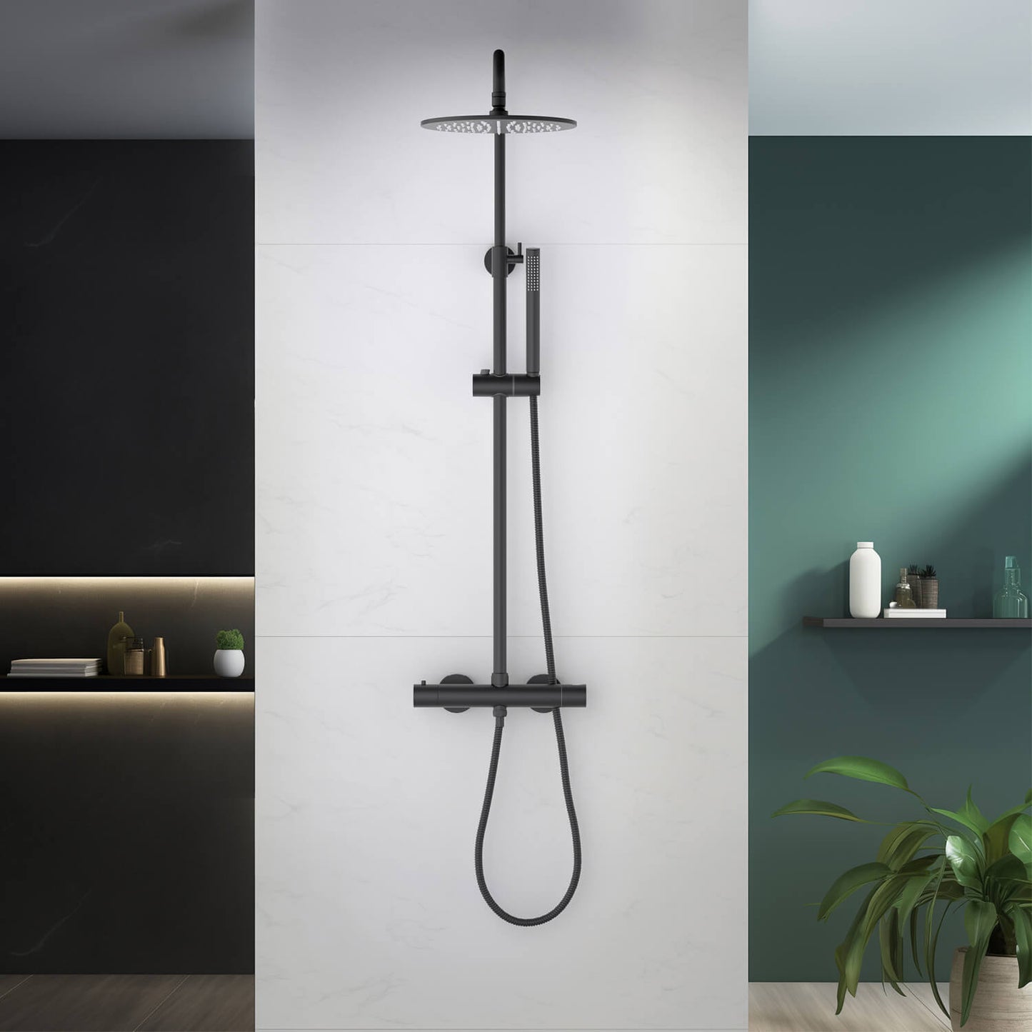 Aquavit Circular matte black shower column in a contemporary tiled shower area