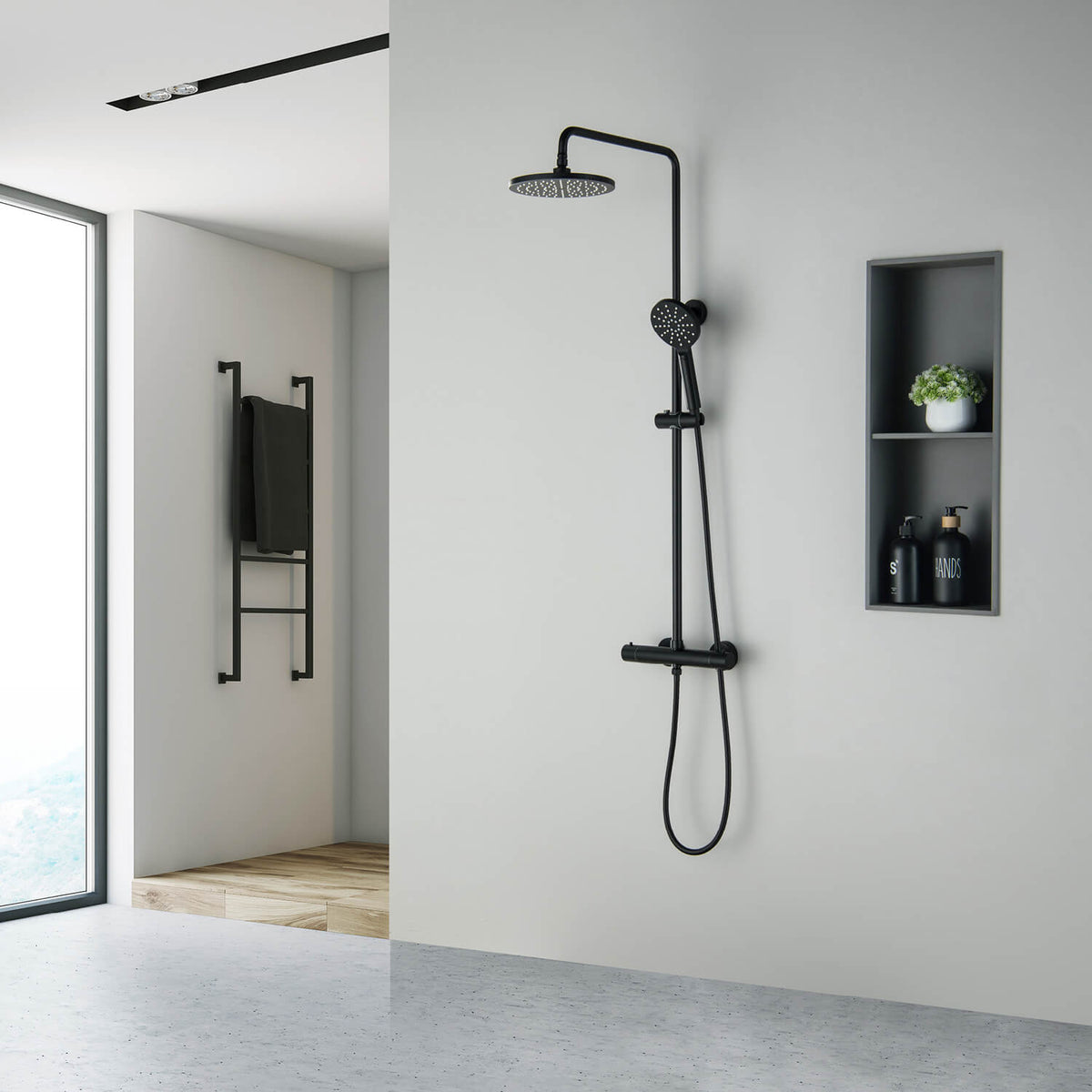 Aquavit AT097502 matte black shower column with overhead and hand shower