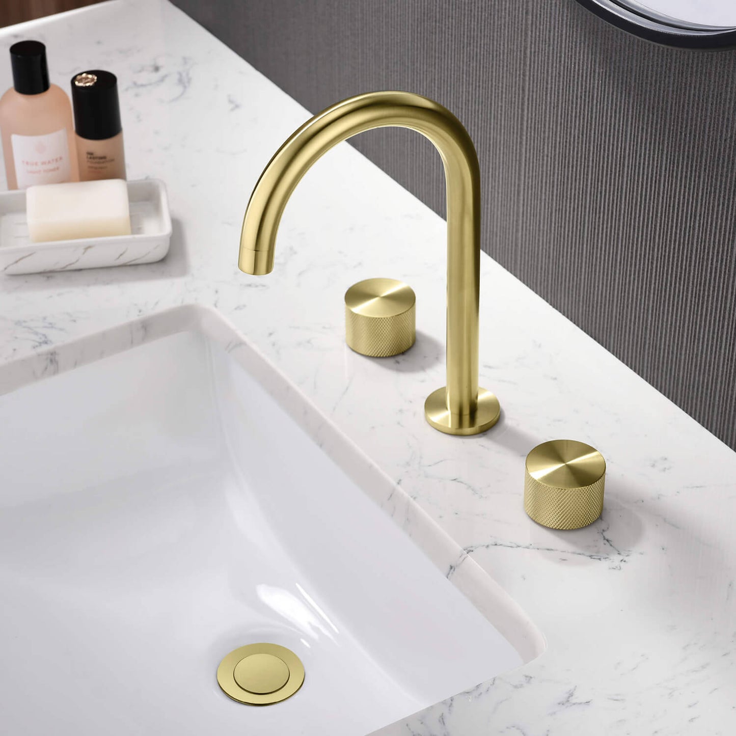 Circular X Modern Knurled Handle Brass Three-Hole Basin Mixer AT100014