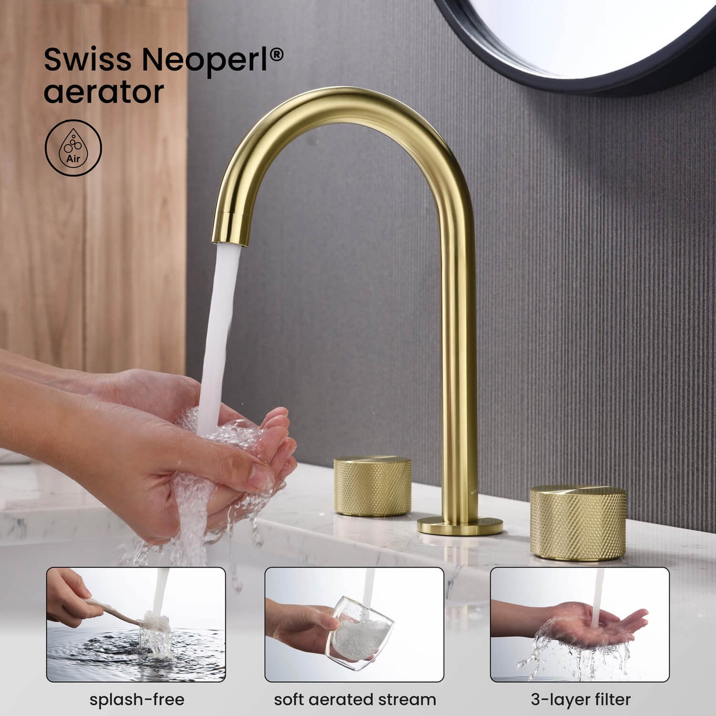 Circular X Modern Knurled Handle Brass Three-Hole Basin Mixer AT100014
