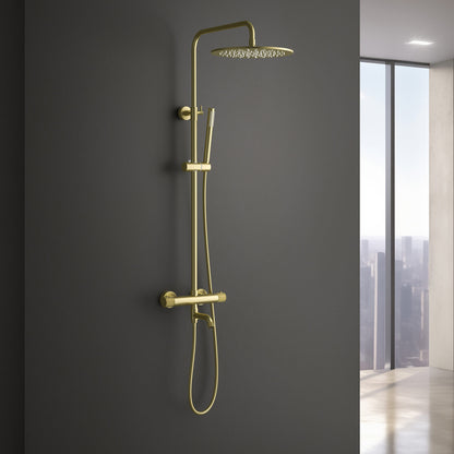 Aquavit Circular X brushed gold thermostatic shower column installed in a modern bathroom