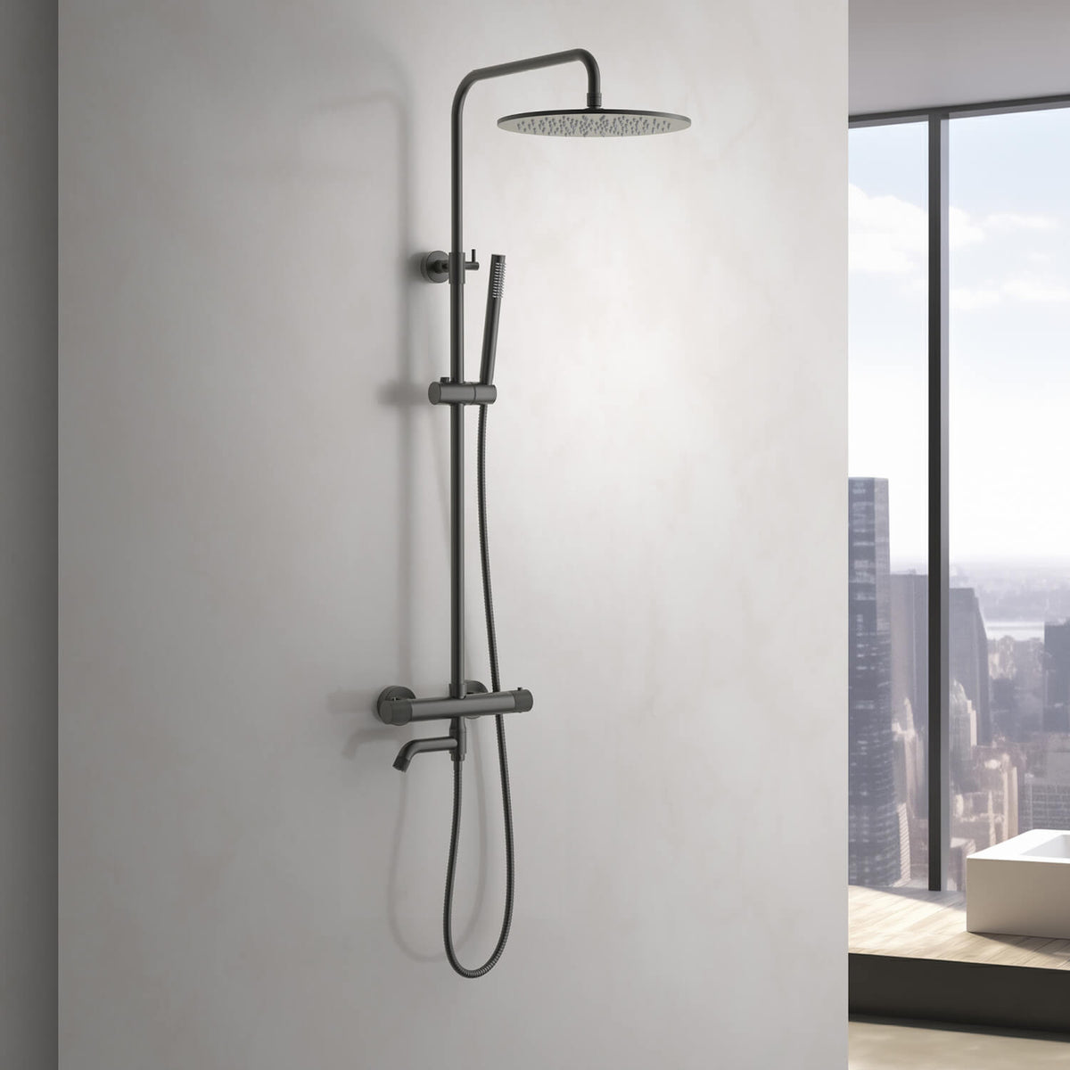 Aquavit Circular X brushed gunmetal thermostatic shower column installed in a modern bathroom