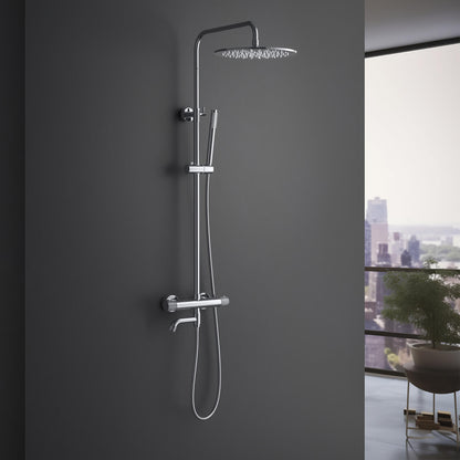 Aquavit Circular X chrome thermostatic shower column installed against a dark bathroom wall