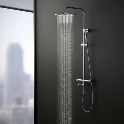 Aquavit AT107301 chrome thermostatic shower column with overhead rainfall shower in use